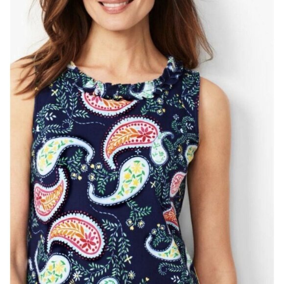 Talbots Spring Summer Paisley Print Sheath Dress Ruffle Neck Sleeveless Sz M - Picture 3 of 11